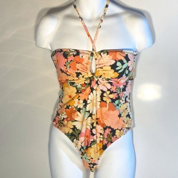 Shade & Shore NWOT SZM Black Floral Halter One Piece Figure Flattering Swimsuit - Picture 1 of 8